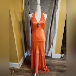 Vintage Faviana Orange Satin Halter Prom Dress WITH Matching Purse